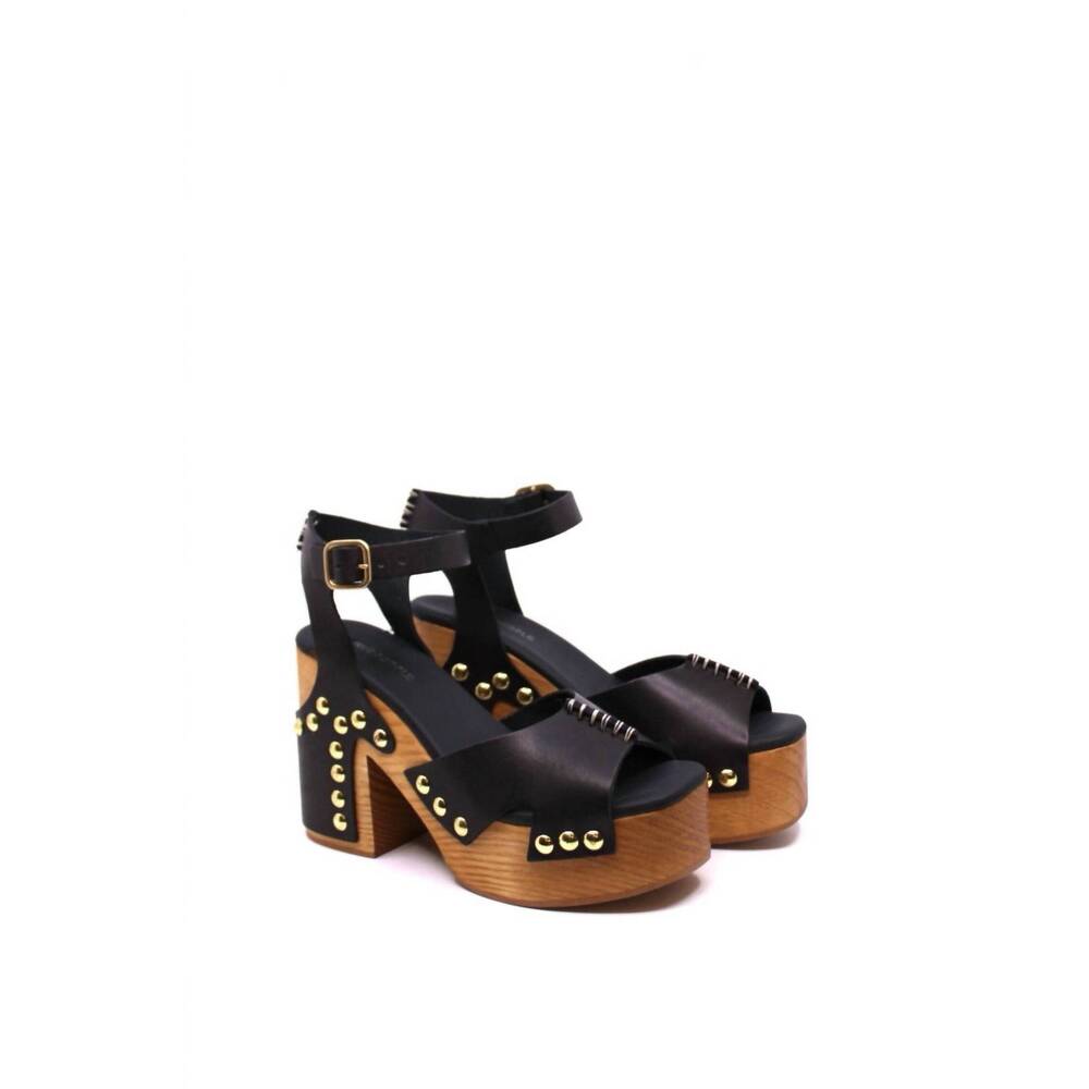 Free People Black Leather Platform Clog Sandals with Wood Heel & Gold Studs